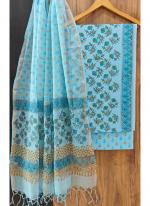 Cotton Sky Blue Casual Wear Printed Dress Material